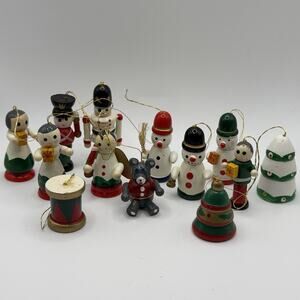 13 Vintage wooden Christmas ornaments 2”H Holiday Figurines Snowman Tree Soldier